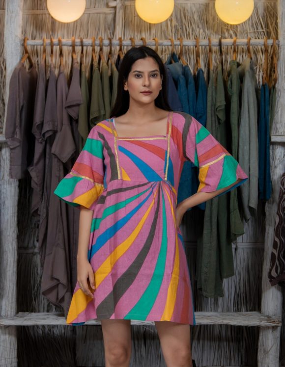 Burst Of The Summer Sunset Spiced Weekend South American Inspired Vintage RAINBOW Print Dress Featuring Retro Vibes