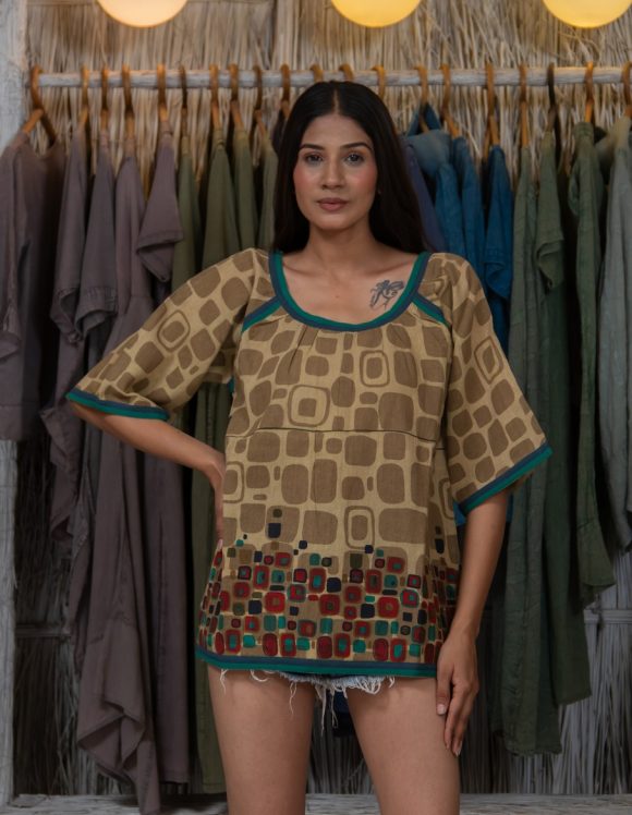 The Sweetest Retro Breeze Moroccan Influence Persian Print Pullover Featuring Denim Wash And Solid Color Detailing