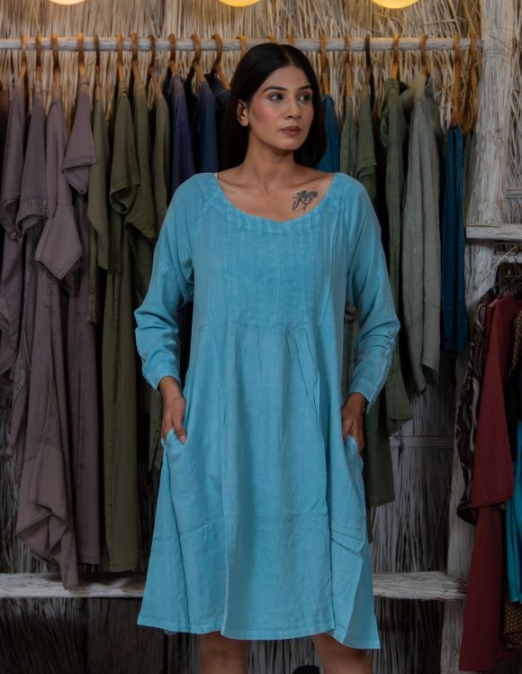 Shining Brighter Than A Summer Rainbow South American Influence DENIM WASHED Bohemian Dress Featuring Stylish Pockets And Pin Tucks Detailing