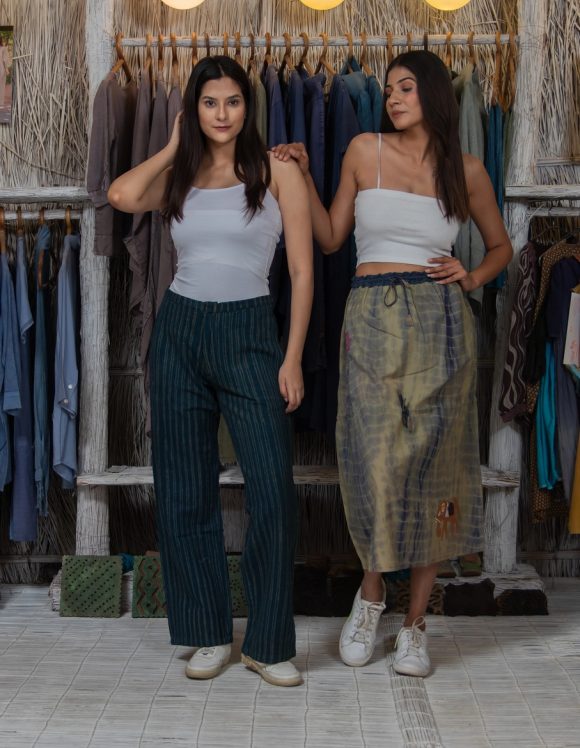 The Fresh Feeling Tropical Breeze South American Influence HAND BLOCK PRINTED Bohemian Stripe Print Trouser Featuring Vintage Denim Wash And Drawstrings