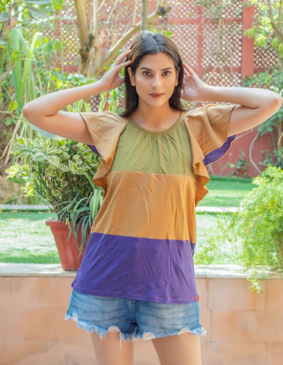 Seeking Out The Weekend Sunshine French Influence Patchwork Detailed Knit Pullover Featuring Frilled Sleeves And Retro Vibes