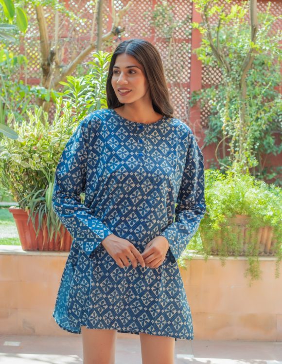 Take Me To The Retro Hawaii Vacation Spanish Influence Hand Block Printed Oversize Bohemian Dress Featuring Indigo Vegetable Dye