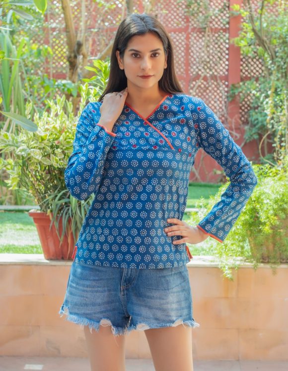 Sunday Brunch With My Besties Hand Block Printed Bohemian Tunic Featuring Mirror Hand Embroidery And Vegetable Dye