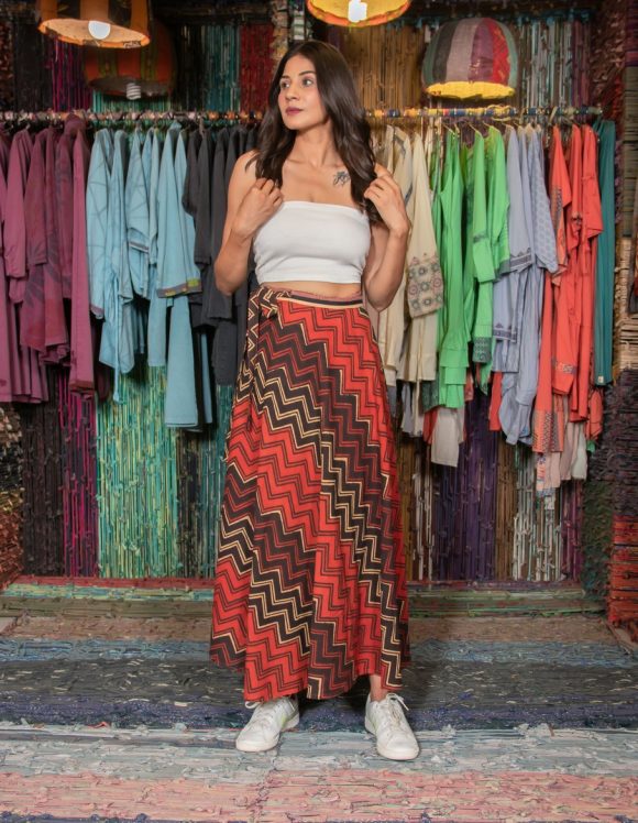 Sunday Sweetness At The French Riviera Spanish Influence HAND BLOCK PRINTED Wrap Skirt Featuring ZIG ZAG Norwegian Print