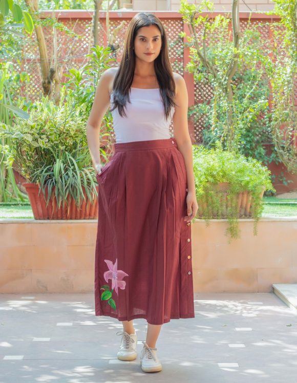 Aligned With Hope And Positivity French Influence Retro HAND PAINTED Wrap Skirt Featuring Handmade Fabric Buttons