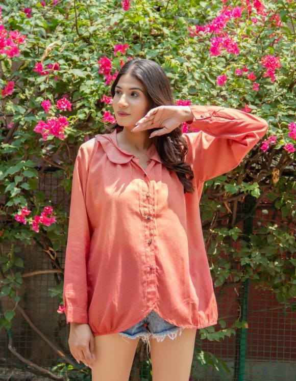 Fluttering With Style And Glitter French  Influence HAND GRADATION Shibori Shirt Featuring Handmade Fabric Buttons And Vintage Wash
