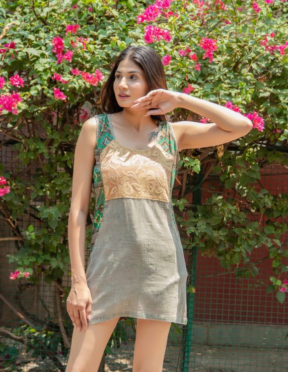 Bursting With Fun And Optimism  South American Influence RACER BACK STYLE Short Dress Featuring Handmade Macramé And Cute BACK Pockets