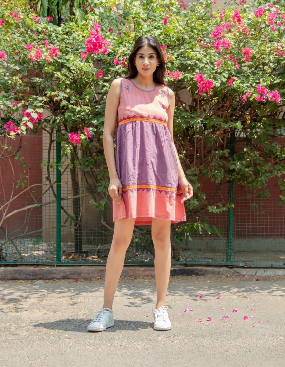 Artfully Induced Sweetness  African  Influence HAND EMBROIDERED Bohemian Dress Featuring Vintage Wash And Colourful Applique