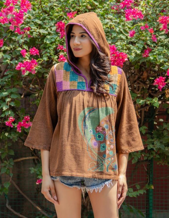 Showering Inner Peace And Happiness Moroccan Influence Intricately PATCHWORKED Detailed Vintage Short Dress Featuring Stylish Hood And TREE Print Motive