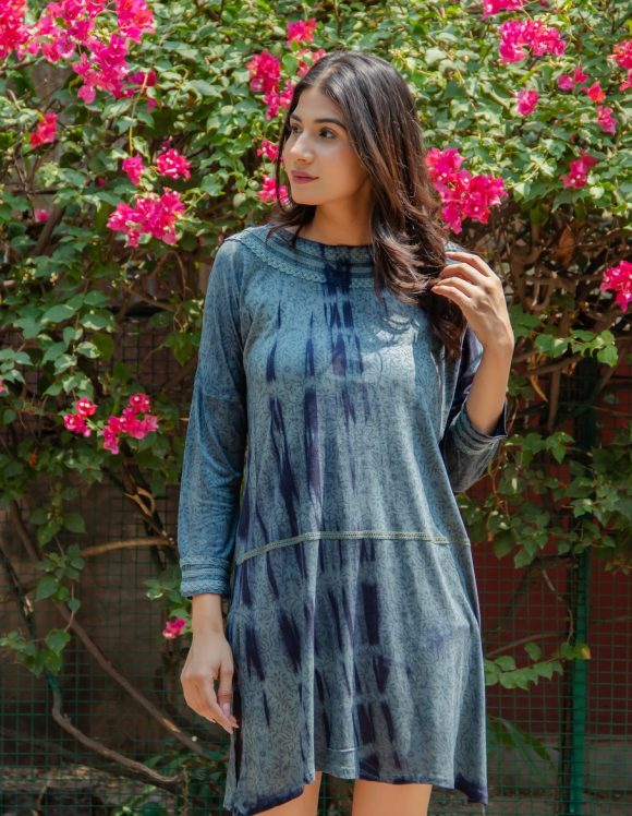 Ravishing Lush Green Fields Of Lucerne South American Influence Bohemian HAND BLOCK PRINTED Knit Dress Featuring Shibori Wash And Lace Trim Detailing