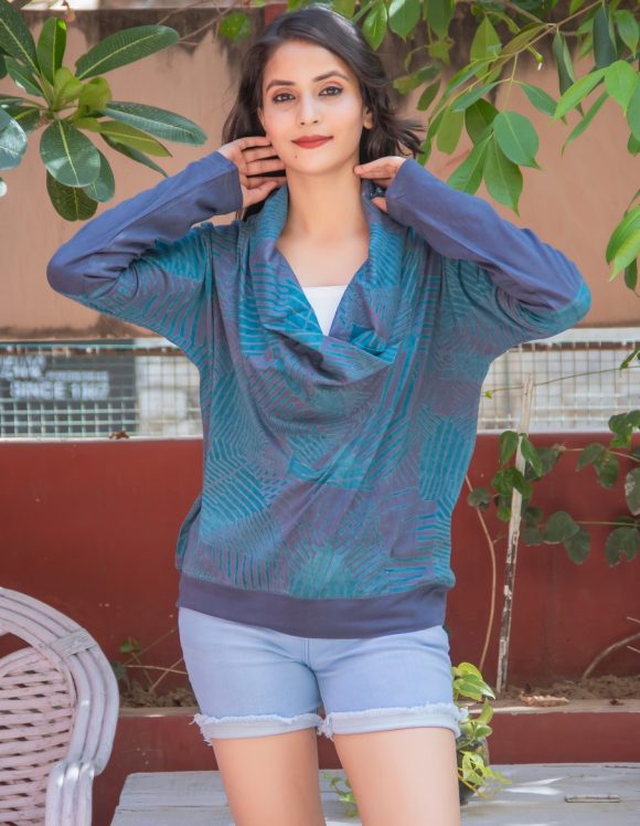 Let Fun Bloom And Gloom Moroccan Influence Geometrical Print Knit Bohemian Pullover Featuring Cowl Neck And Vintage Wash