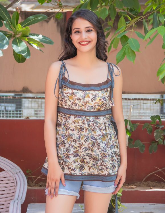 Light Hearted Sunday Afternoon Brunch Moroccan Influence Bohemian Pullover Tunic Featuring Cute Floral Print And Intricate Running Stitch Detailing