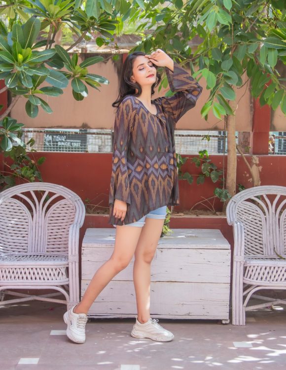 Bringing My Best To The Summer Vacation Spanish Influence Persian Ikat Print Bohemian Tunic Featuring Box Pleats And Oversize Styling