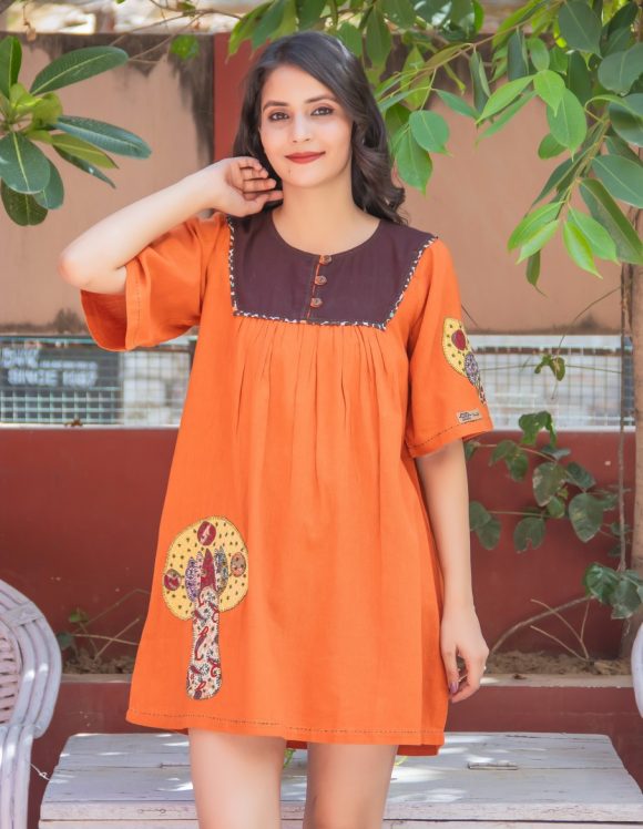 Pursuit Of a Happy Bohemian Life Spanish Influence MUSHROOM MOTIVE Hand Embroidered Dress Featuring Dot Print Detailing And vintage Wash