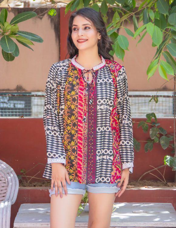Taking My Mood To The Paris Tour South American Influence JUNGLE Print Bohemian Tunic Featuring Colourful Patchwork Print And Stylish Lace Trim Detailing