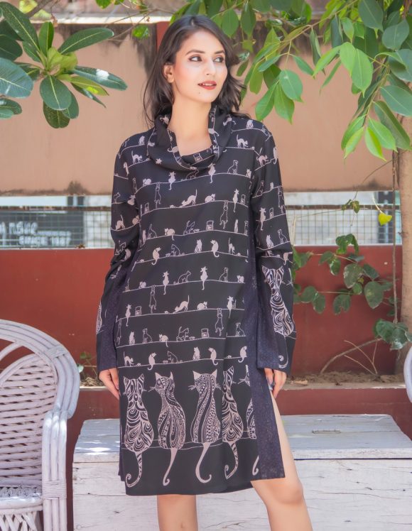 Visited By Old Happy School Memories Spanish Influence CAT PRINT Motive Bohemian Roll Over Collar Dress Featuring Vintage Wash