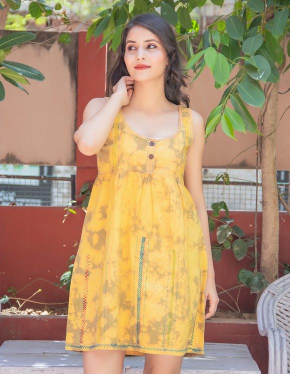 Easily Adorable Spanish Influence HAND EMBROIDRED Bohemian Dress Featuring Shibori Wash And Piping Detailing