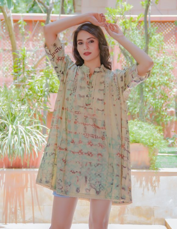 Waving Fabulous Cuteness South American Influence  Printed  Dress Featuring  BOX PLEATS and Vintage Wash