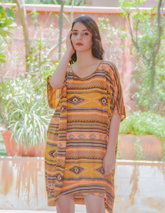 Summertime Travel To My Perfect Dreamland Spanish Influence  IKAT PRINT Knit Dress Featuring Oversize Styling