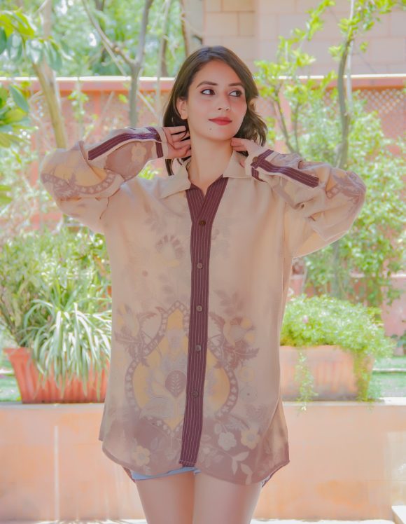 Wrapped Up In Elegance Of Fun And Laughter Moroccan Influence  Oversized Bohemian Printed Shirt  Featuring  Vintage Wash