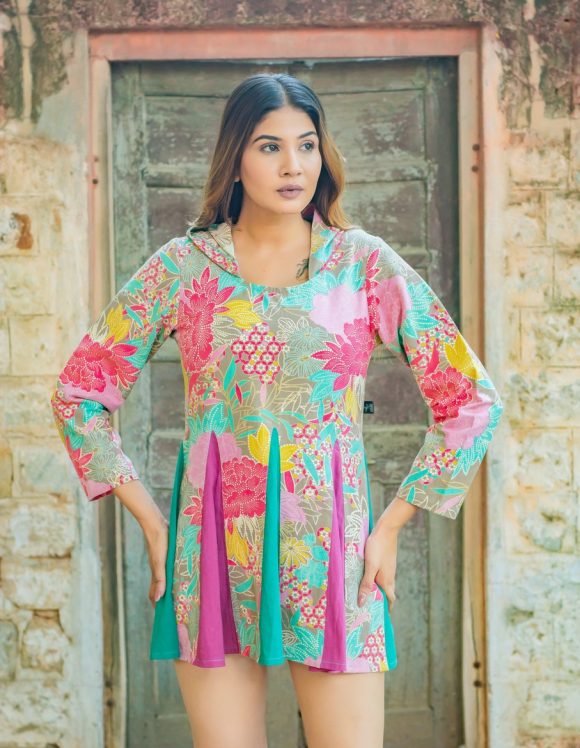 Taking My Mood To The French Winter Vacation Moroccan Influence HOODED Dress Featuring Colourful Patchwork Detailing And Rain Forest Print