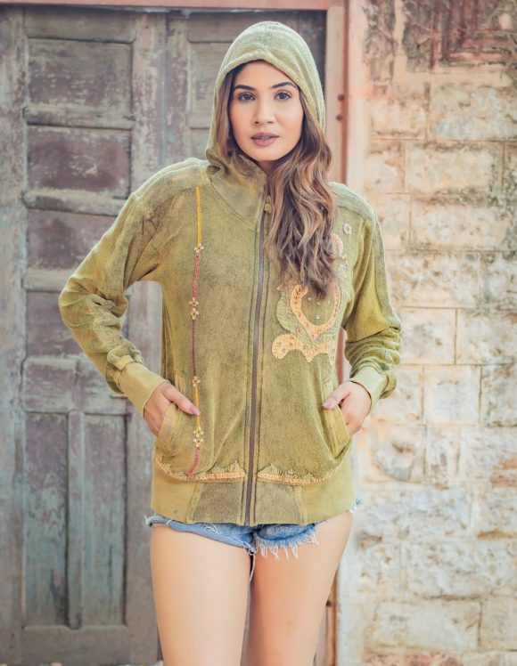 Blooming Optimistic Perfection Of Hope And Love Moroccan Influence Warm Cotton FRENCH TERRY Hooded Jacket Featuring Intricate Hand Embroidery And Vintage Wash