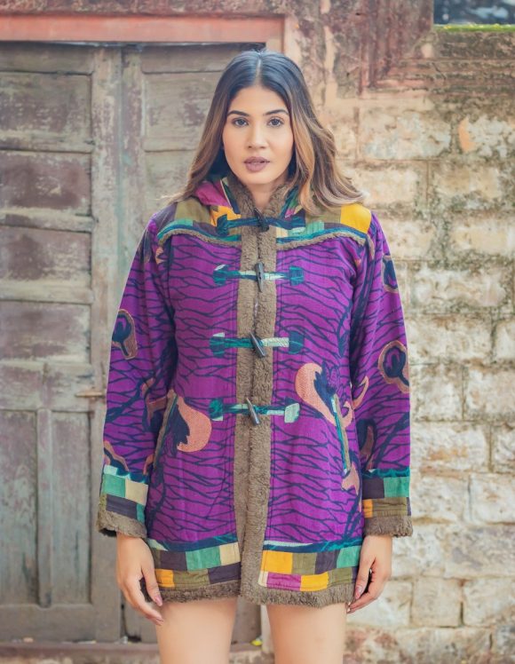 Midnight Trip To The City Movie Hall South American Inspired Bohemian WARM Quilted Jacket Coat Featuring Lotus Print And Colourful Corduroy Patchwork With Stylish Hood