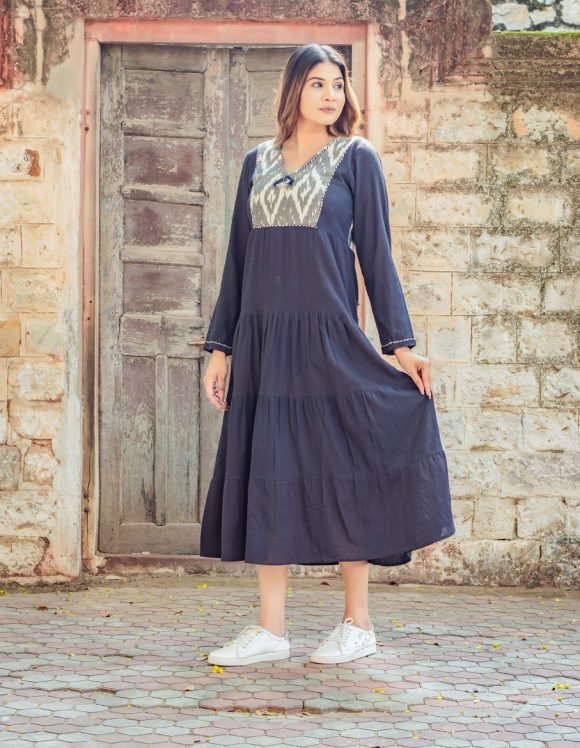 Happy Mountain Ride On An Enchanting Sunny Weekend Moroccan Influence Bohemian Tired Dress Featuring IKAT Detailing And Colourful Hand Detailing