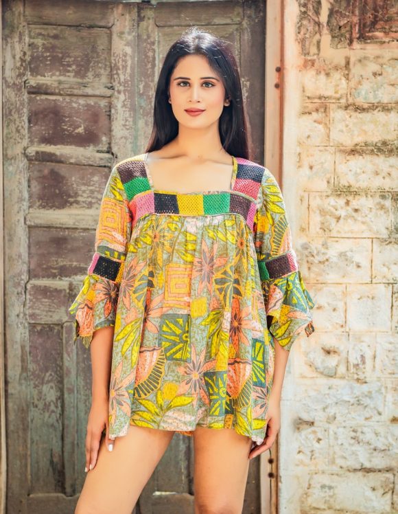 Wonders Of The Tropical Winter Jungle South American Inspired Bohemian Floral Print Pullover Featuring Crochet Patchwork And Retro Sleeves