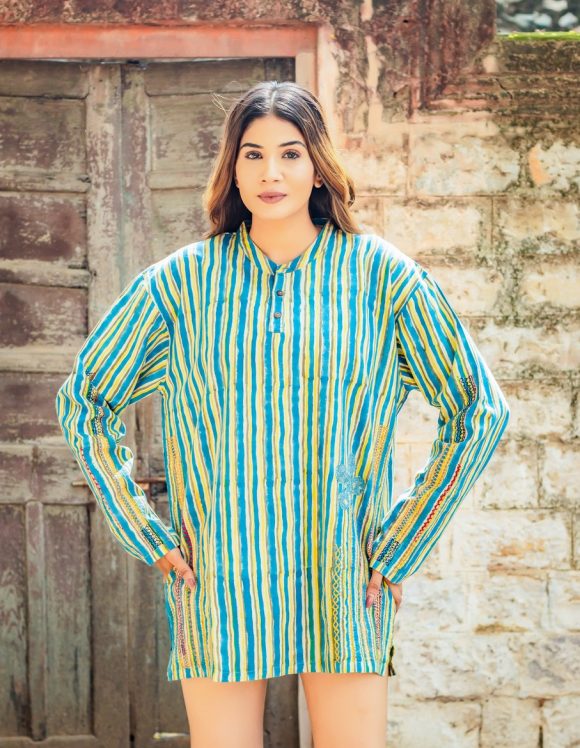 Midnight Dreams Of Everlasting Hope Moroccan Influence Hand Embroidered Oversized Bohemian Dress Featuring Striped Hand Block Print