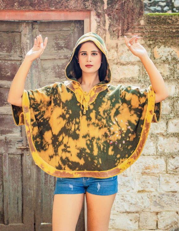 Dancing Underneath The Winter Sky Spanish Influence Vintage COURDUROY Hooded Poncho Pullover Featuring Intricate Hand Embroidery And Shibori Wash